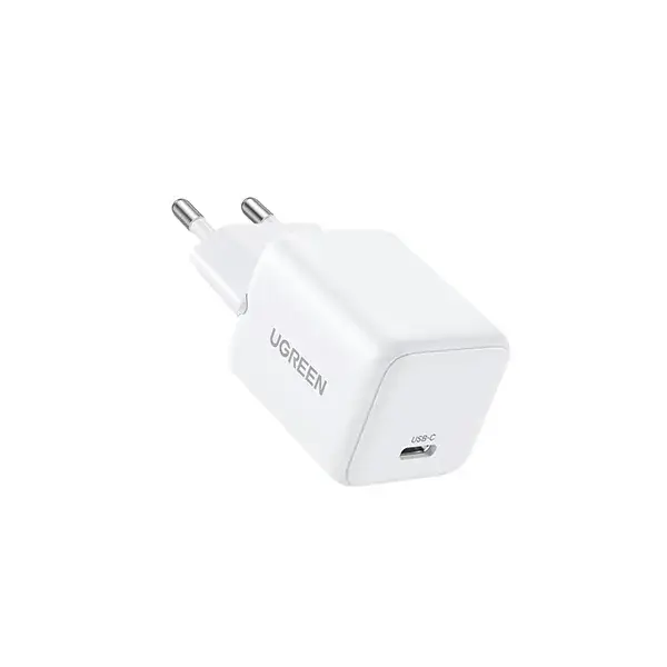 UGREEN X512 55554 20W USB-C GaN Fast Charger EU White compact wall adapter showing its single Type-C interface port, standard European round two pin plug configuration, and premium glossy white fireproof finish layout on a clean white background