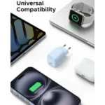 UGREEN X512 55555 20W USB-C GaN Fast Charger EU Blue compact wall adapter showing its single Type-C interface port, standard European round two pin plug configuration, and premium metallic pastel blue fireproof finish layout on a clean white background