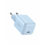 UGREEN X512 55555 20W USB-C GaN Fast Charger EU Blue compact wall adapter showing its single Type-C interface port, standard European round two pin plug configuration, and premium metallic pastel blue fireproof finish layout on a clean white background