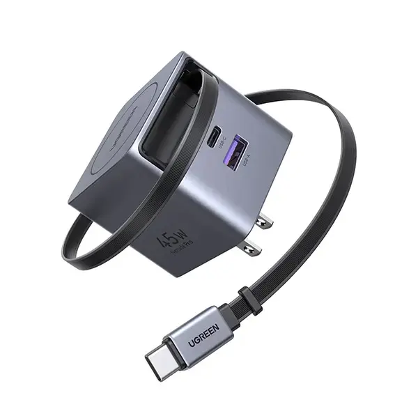 UGREEN X371 65821 45W Dual USB-C GaN Fast Charger with Retractable Cable showing its premium space gray round housing, an extended 80cm built-in Type-C cord, one extra independent USB-C female port, and standard EU round two pin layout on a clean white background