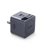 UGREEN X371 65821 45W Dual USB-C GaN Fast Charger with Retractable Cable showing its premium space gray round housing, an extended 80cm built-in Type-C cord, one extra independent USB-C female port, and standard EU round two pin layout on a clean white background