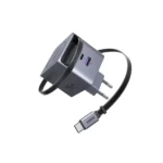 UGREEN X371 65822 45W Dual USB-C GaN Fast Charger with Retractable Cable showing its premium purple round housing, an extended 80cm built-in Type-C cord, one extra independent USB-C female port, and standard EU round two pin layout on a clean white background