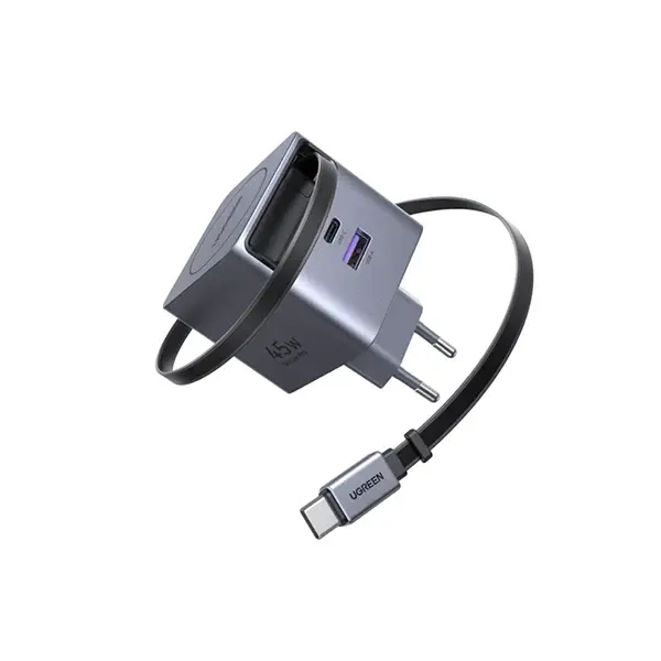 UGREEN X371 65822 45W Dual USB-C GaN Fast Charger with Retractable Cable showing its premium purple round housing, an extended 80cm built-in Type-C cord, one extra independent USB-C female port, and standard EU round two pin layout on a clean white background