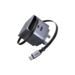 UGREEN 65823 45W GaN Fast Charger with Retractable Cable showing its compact circular design layout, smoothly extending built-in Type-C cable, additional charging ports, and premium travel-ready matte finish on a clean white background
