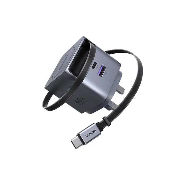UGREEN 65823 45W GaN Fast Charger with Retractable Cable showing its compact circular design layout, smoothly extending built-in Type-C cable, additional charging ports, and premium travel-ready matte finish on a clean white background