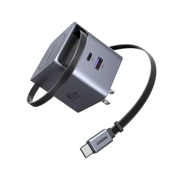 UGREEN 65824 65W GaN Fast Charger with Retractable Cable showing its compact circular design layout, smoothly extending built-in Type-C cable, additional charging ports, and premium travel-ready matte finish on a clean white background