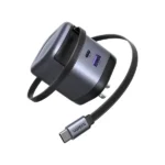 UGREEN 65825 65W GaN Fast Charger with Retractable Cable showing its compact circular design layout, smoothly extending built-in Type-C cable, additional charging ports, and premium travel-ready matte finish on a clean white background