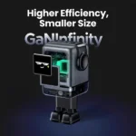 UGREEN 45515B Uno 100W 4-Port GaN Fast Charger EU showing its futuristic space grey robot figurine body, animated pixel emoji LED face screen, and top multi-port array on a clean white background