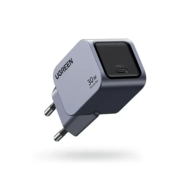 UGREEN 35006 Nexode Pro 30W USB-C GaN Fast Charger EU wall adapter showing its compact dark metallic casing, single Type-C port, integrated EU round pins, and premium Nexode Pro series branding on a clean white background