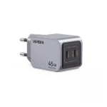 UGREEN 35008 Nexode Pro 45W Dual USB-C GaN Fast Charger EU wall adapter showing its compact dark metallic casing, dual Type-C ports, integrated EU round pins, and premium Nexode Pro series branding on a clean white background