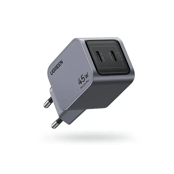 UGREEN 35008 Nexode Pro 45W Dual USB-C GaN Fast Charger EU wall adapter showing its compact dark metallic casing, dual Type-C ports, integrated EU round pins, and premium Nexode Pro series branding on a clean white background