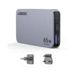 UGREEN 25356 Nexode Pro 65W 3-Port GaN Ultra-Slim Fast Charger showing its wafer-thin flat gray casing layout, dual USB-C ports, single USB-A port, premium design profiles, and sleek Nexode Pro series text branding on a clean white background