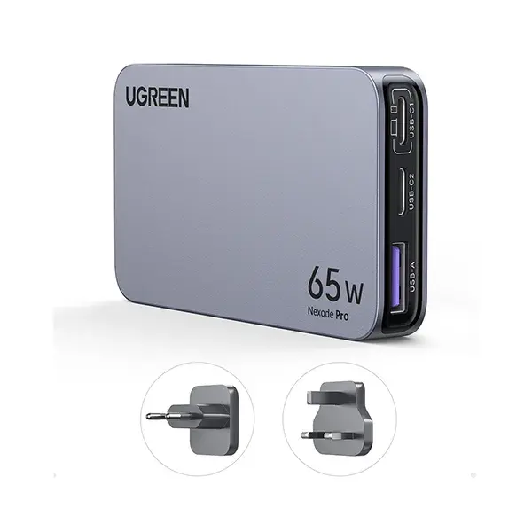 UGREEN 25356 Nexode Pro 65W 3-Port GaN Ultra-Slim Fast Charger showing its wafer-thin flat gray casing layout, dual USB-C ports, single USB-A port, premium design profiles, and sleek Nexode Pro series text branding on a clean white background