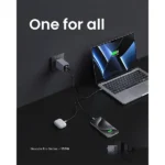 UGREEN 25873 Nexode Pro 100W 3-Port GaN Fast Charger Set US showing its compact dark grey charger housing, two USB-C ports, one USB-A port, foldable US prongs, and the included premium black high-wattage Type-C charging cable on a clean white background