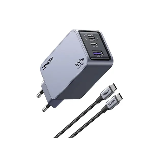 UGREEN 25874 Nexode Pro 100W 3-Port GaN Fast Charger Set EU showing its compact dark grey charger housing, two USB-C ports, one USB-A port, molded European standard round prongs, and the included premium black high-wattage Type-C charging cable on a clean white background