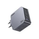UGREEN 25877 Nexode Pro 160W 4-Port GaN Fast Charger Set EU showing its premium dark grey charger housing, three USB-C ports, one USB-A port, molded European standard round prongs, and the included premium black high-wattage Type-C charging cable on a clean white background