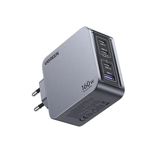 UGREEN 25877 Nexode Pro 160W 4-Port GaN Fast Charger Set EU showing its premium dark grey charger housing, three USB-C ports, one USB-A port, molded European standard round prongs, and the included premium black high-wattage Type-C charging cable on a clean white background