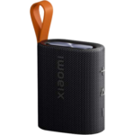 Xiaomi Sound Pocket Bluetooth Speaker in black showing its compact mesh fabric body integrated orange rubber carrying loop and side control buttons