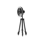 JISULIFE FA17 Outdoor LED Ceiling Fan With Long Tripod Stand Black assembled showing its circular LED ring light layout attached to a tall black metal tripod base frame