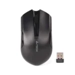 A4TECH G3-200N Wireless Optical Mouse in a sleek matte black and blue accent finish shown from a top-down view alongside its ultra-compact USB nano receiver