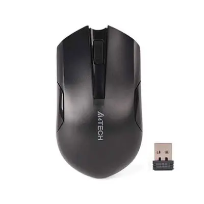 A4TECH G3-200N Wireless Optical Mouse in a sleek matte black and blue accent finish shown from a top-down view alongside its ultra-compact USB nano receiver