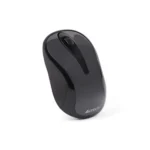 A4TECH G3-280N Wireless Optical Mouse in a sleek matte black finish shown from a top-down view alongside its ultra-compact USB nano receiver