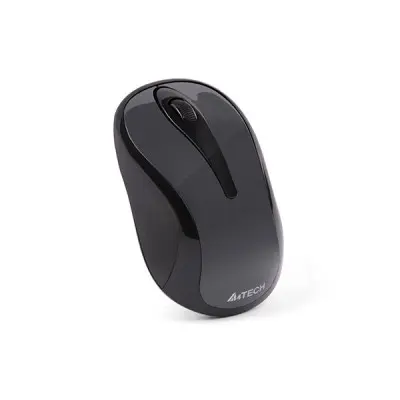 A4TECH G3-280N Wireless Optical Mouse in a sleek matte black finish shown from a top-down view alongside its ultra-compact USB nano receiver