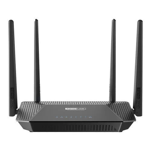 Totolink A3002R V4 AC1200 Dual-Band Gigabit Wi-Fi Router in black design featuring four external high-gain antennas and gigabit ethernet ports