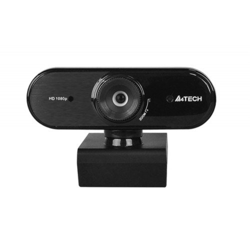A4TECH PK-935HL FHD Webcam in matte black showing its oval-shaped camera chassis, prominently displayed manual focus lens barrel, built-in microphone port, and flexible mounting bracket