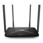 Mercusys AC12G AC1300 Dual-Band Gigabit Wi-Fi Router in black design featuring four external high-gain antennas and gigabit ethernet ports
