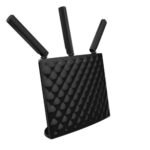 Black Tenda AC15 AC1900 Dual-Band Gigabit WiFi Router standing vertically on its desktop stand displaying textured front panel design three top adjustable external antennas front LED status icons and rear connections