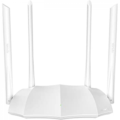 Matte black Tenda AC5 AC1200 Dual-Band WiFi Router displaying its futuristic spaceship-style angular body layout front blue LED status lamps row four tall adjustable external antennas and back panel interfaces