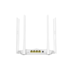 Matte black Tenda AC5 AC1200 Dual-Band WiFi Router displaying its futuristic spaceship-style angular body layout front blue LED status lamps row four tall adjustable external antennas and back panel interfaces
