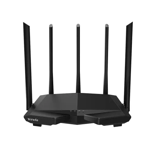 Matte black Tenda AC7 AC1200 Dual-Band Wi-Fi Router displaying its stealth-fighter style angular chassis layout five tall adjustable external antennas blue LED status lamps row and rear ethernet ports array