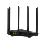 Matte black Tenda AC7 AC1200 Dual-Band Wi-Fi Router displaying its stealth-fighter style angular chassis layout five tall adjustable external antennas blue LED status lamps row and rear ethernet ports array