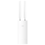 Cudy AP1300 AC1200 Dual-Band Gigabit access point showing its clean white ceiling-mount design, central status LED, and rear Ethernet/PoE interface