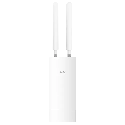 Cudy AP1300 AC1200 Dual-Band Gigabit access point showing its clean white ceiling-mount design, central status LED, and rear Ethernet/PoE interface