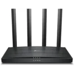 Black TP-Link Archer AX12 AX1500 Dual-Band WiFi 6 Router showing its compact angular body four high gain external antennas front status LEDs and rear gigabit ethernet ports