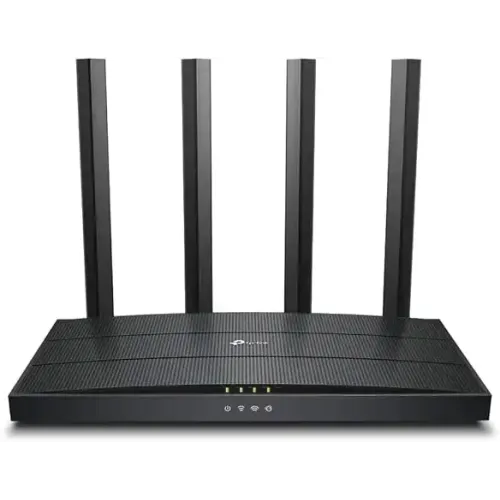 Black TP-Link Archer AX12 AX1500 Dual-Band WiFi 6 Router showing its compact angular body four high gain external antennas front status LEDs and rear gigabit ethernet ports