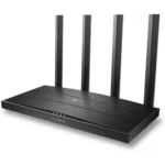 Black TP-Link Archer AX12 AX1500 Dual-Band WiFi 6 Router showing its compact angular body four high gain external antennas front status LEDs and rear gigabit ethernet ports