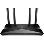 TP-Link Archer AX20 Dual Band Gigabit WiFi Router Price in BD - Sleek black Wi-Fi 6 desktop router featuring four external antennas and LED status lights.
