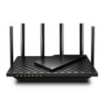 TP-Link Archer AX73 AX5400 Dual-Band Gigabit Wi-Fi Router Price in BD - Black Wi-Fi 6 router featuring six external high-gain antennas and textured armor heat vents.