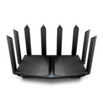 TP-Link Archer AX90 AX6600 Tri-Band Gigabit Wi-Fi Router Price in BD - High-performance black Wi-Fi 6 router featuring eight external antennas.