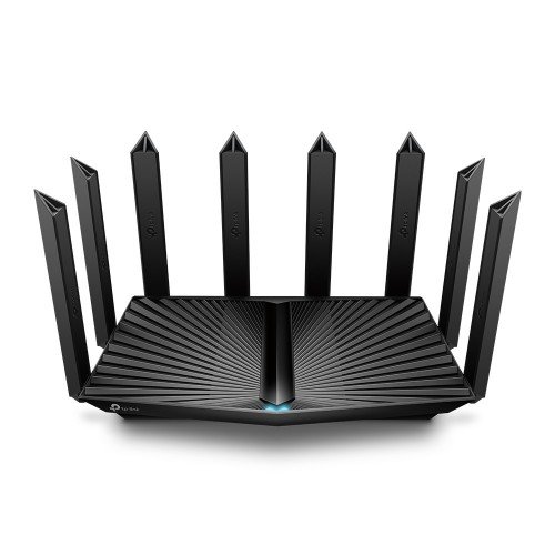 archer-ax90-01-500x500 TP-Link Archer AX90 AX6600 Tri-Band Gigabit Wi-Fi Router Price in BD - High-performance black Wi-Fi 6 router featuring eight external antennas.