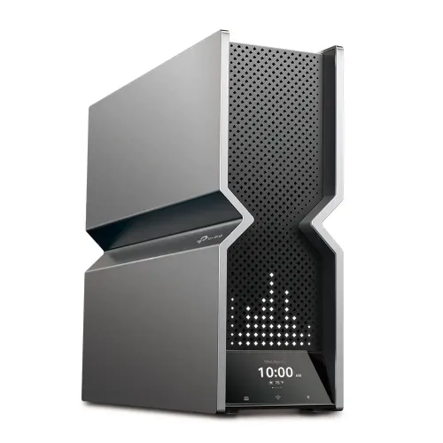 archer-be900-01-500x500 TP-Link Archer BE900 BE24000 Quad-Band Wi-Fi 7 Router Price in BD - Front view of futuristic black quad-band router with LED screen
