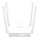 Compact white TP-Link Archer C24 AC750 Dual-Band WiFi Router displaying its sleek square body design four external high-gain antennas front LED status lights and rear ethernet connection ports