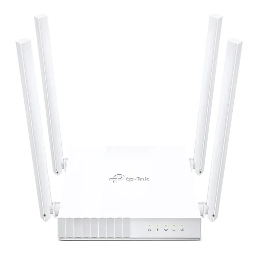 Compact white TP-Link Archer C24 AC750 Dual-Band WiFi Router displaying its sleek square body design four external high-gain antennas front LED status lights and rear ethernet connection ports