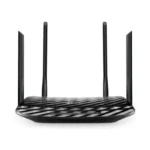 White TP-Link Archer C50 AC1200 Dual Band Wi-Fi Router displaying its sleek curved body design four external high-gain antennas front LED status lights and rear ethernet connection ports
