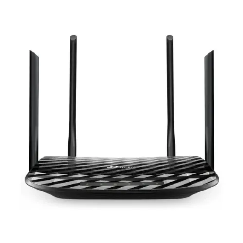 White TP-Link Archer C50 AC1200 Dual Band Wi-Fi Router displaying its sleek curved body design four external high-gain antennas front LED status lights and rear ethernet connection ports