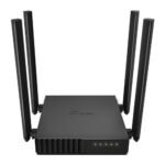 Compact white TP-Link Archer C54 AC1200 Dual Band Wi-Fi Router displaying its ultra-compact square design four external high-gain antennas front LED status indicators and rear ethernet ports